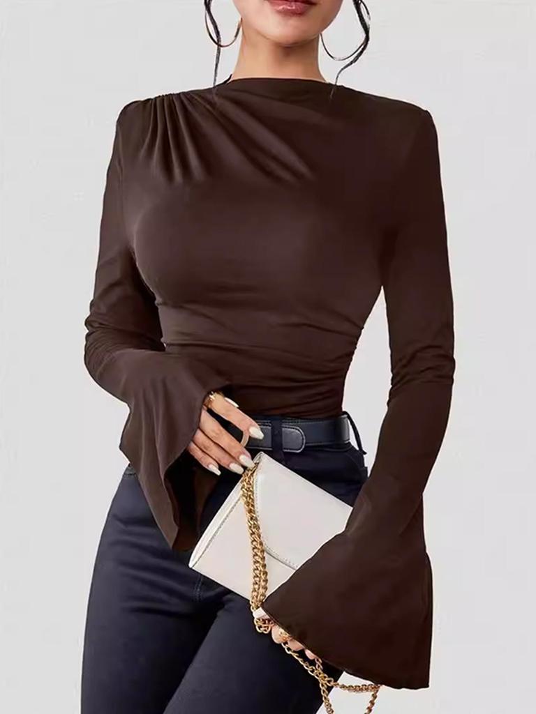Women's Autumn-Winter Pleated Base Layer Top with Flare Sleeves and Half High Neck