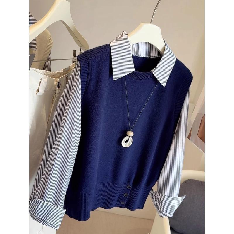 Autumn Winter Korean Commuting Splicing Striped Short Top Polo Collar Fake Two-piece Long-sleeved Sweater for Women