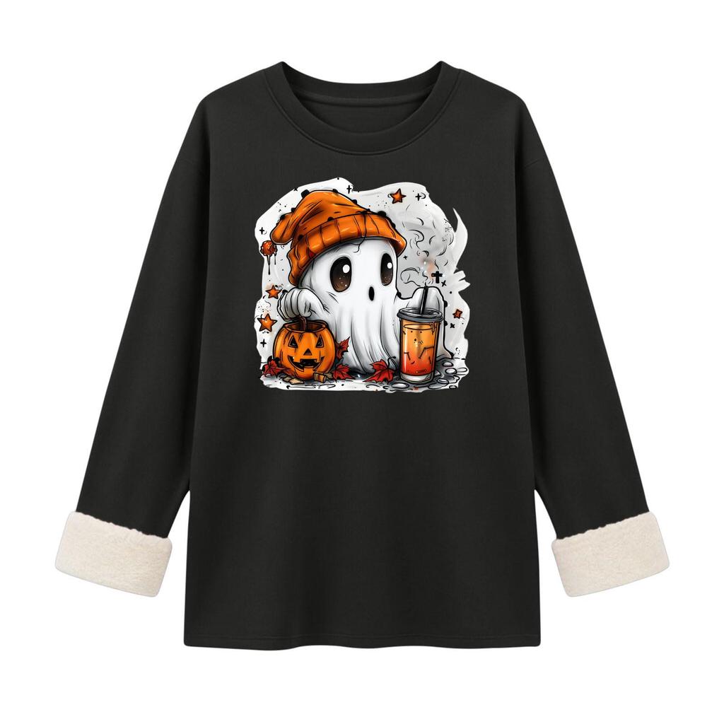Women's Lined Long Sleeve Neck Halloween Print Top