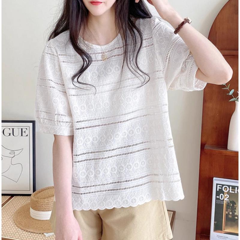 Korean Plus Size Elegant Floral Lace Shirt with Hollow Short Sleeves XL абрикосовый