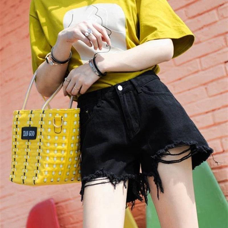 Pants Classic and Minimalist Fashion Versatile Black Broken Holes Burlap Thin Section A Word High Waist Loose Wide Leg Shorts Female Denim Shorts