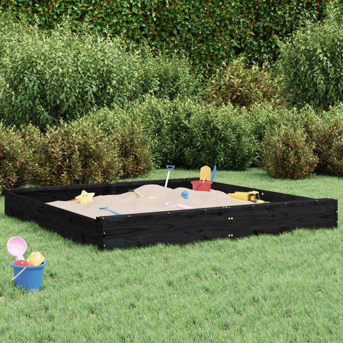 VidaXL Bac à Sable avec Sièges, Jeu de Sable pour Enfants, Aire de Jeux pour Tout-petits Jardin Extérieur, Noir Carré Bois 825041