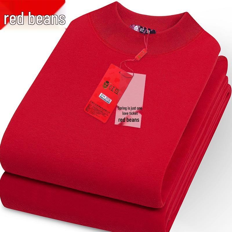 Men's Red Bean Warm Underwear Set: Plus Velvet Mid-Neck Top & Pants, Cotton Wool Sweater for Autumn/Winter