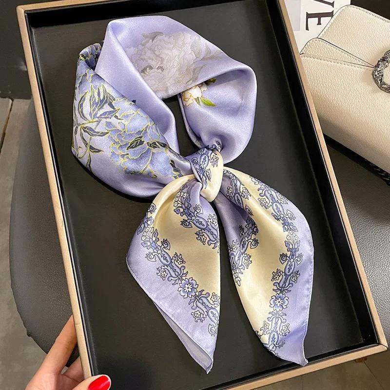 Luxury  Floral Print Square Silk Scarf for Women Hijab Hair Bands Neckerchief Female Satin Shawl Ribbon Headband Fashion