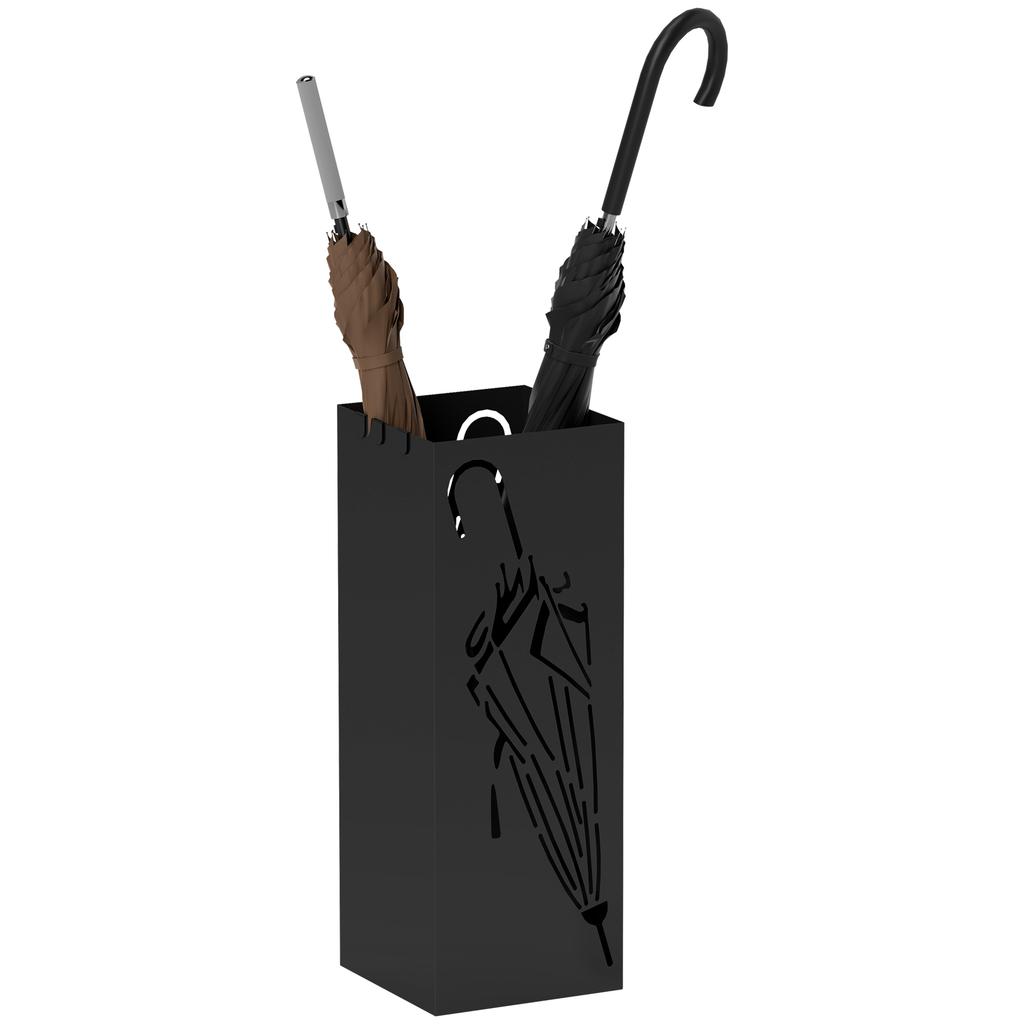 Metal Umbrella Stand, Square Umbrella Holder with 4 Hooks and Removable Drip Tray, Decorative Umbrella Storage Rack for Entryway, Hallway