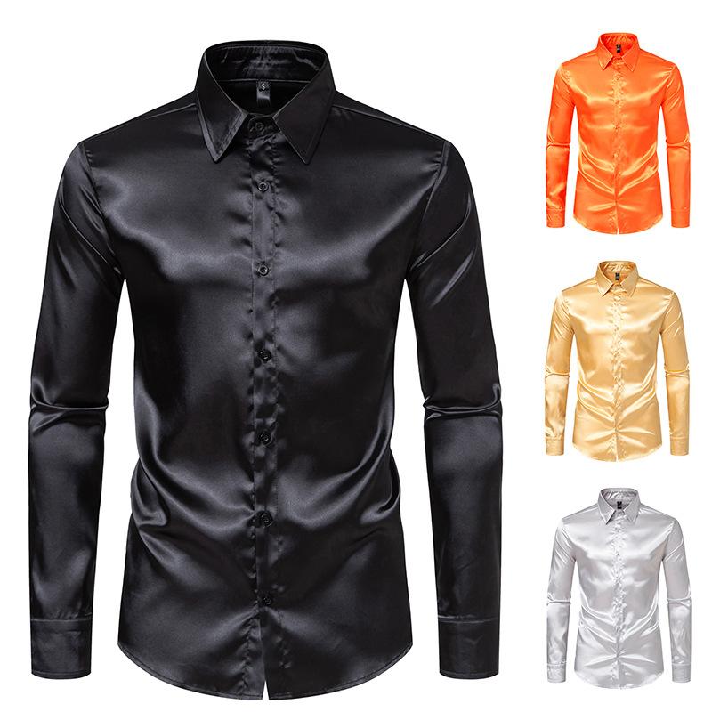 Men's Black Satin Luxury Dress Shirts Fashion Silk Smooth Tuxedo Shirt Solid Wedding Party Prom Casual Shirt Business Office
