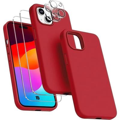 Etui na iPhone 15 - Silikonowe - Czerwone - Antypoślizgowe - Elastyczne - 2 Szkła Hartowane