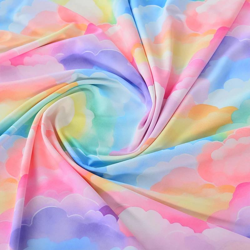 160X100Cm Colorful Rainbow Cloud Print Satin Fabric Diy Clothing Handmade Doll Dressmaking Plain Weave Fabric for Craft Sewing