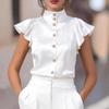Women Satin Blouse Stand Collar Ruffle Sleeve Button Down Shirt Office Workwear Elegant Silky Top