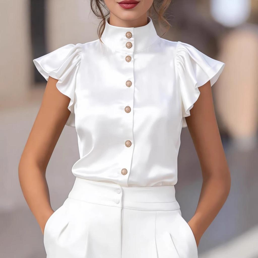 Women Satin Blouse Stand Collar Ruffle Sleeve Button Down Shirt Office Workwear Elegant Silky Top
