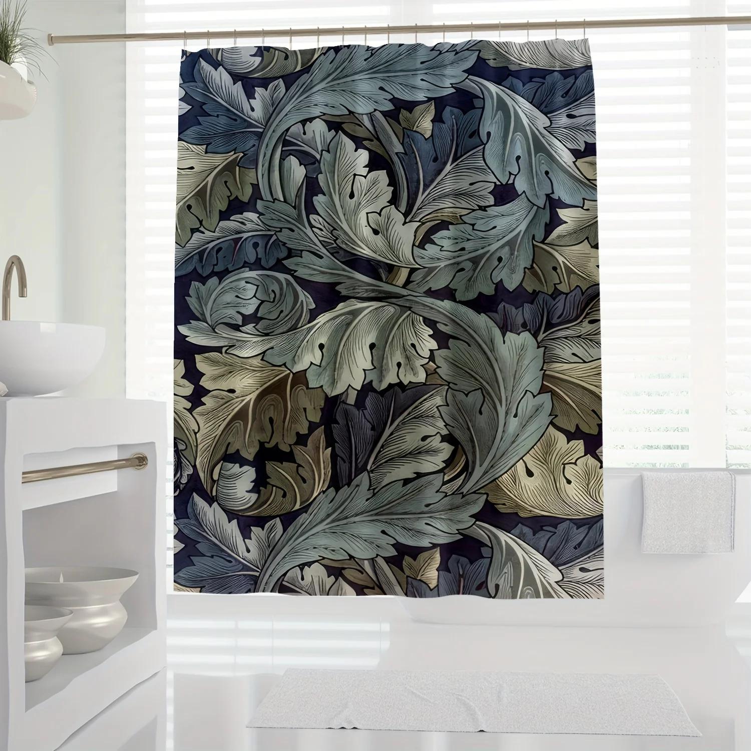 

Green Leaf Curtain - Modern Design, Polyester, Dark Blue, Hooks Included, Machine Washable, All-Season Bath Decor W60H190(CM)-1 Pcs