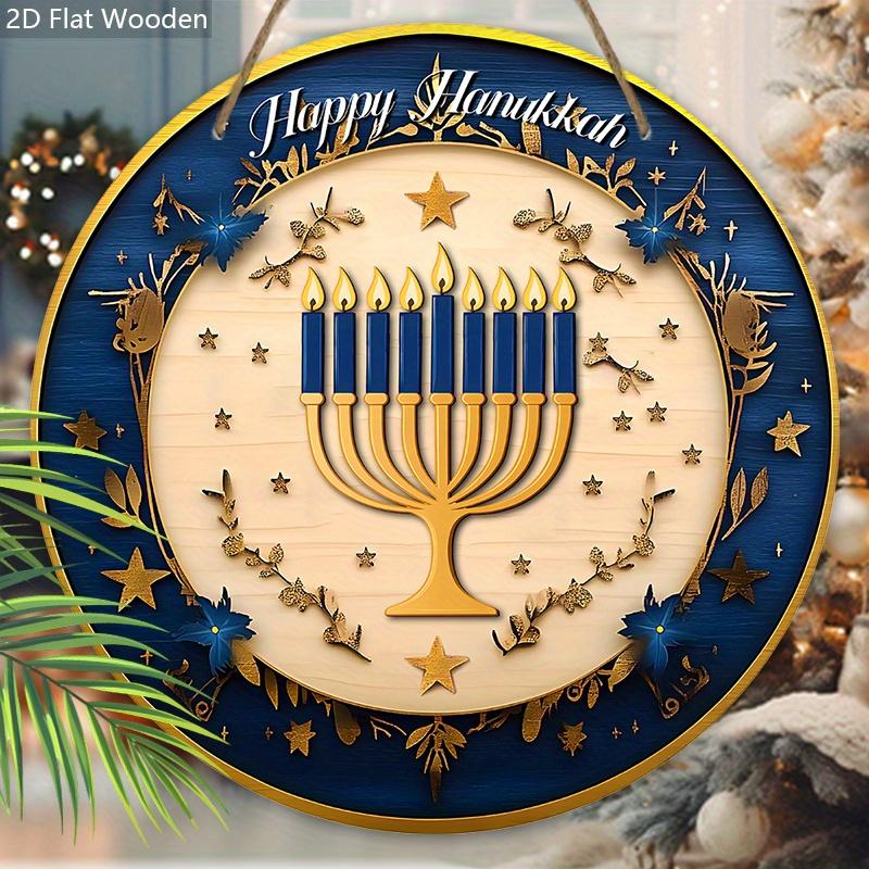 Hanukkah Festival Wooden Sign - Happy Hanukkah Round Ornament for Front Door, Wall Hanging Decor - Ideal Hanukkah Decor