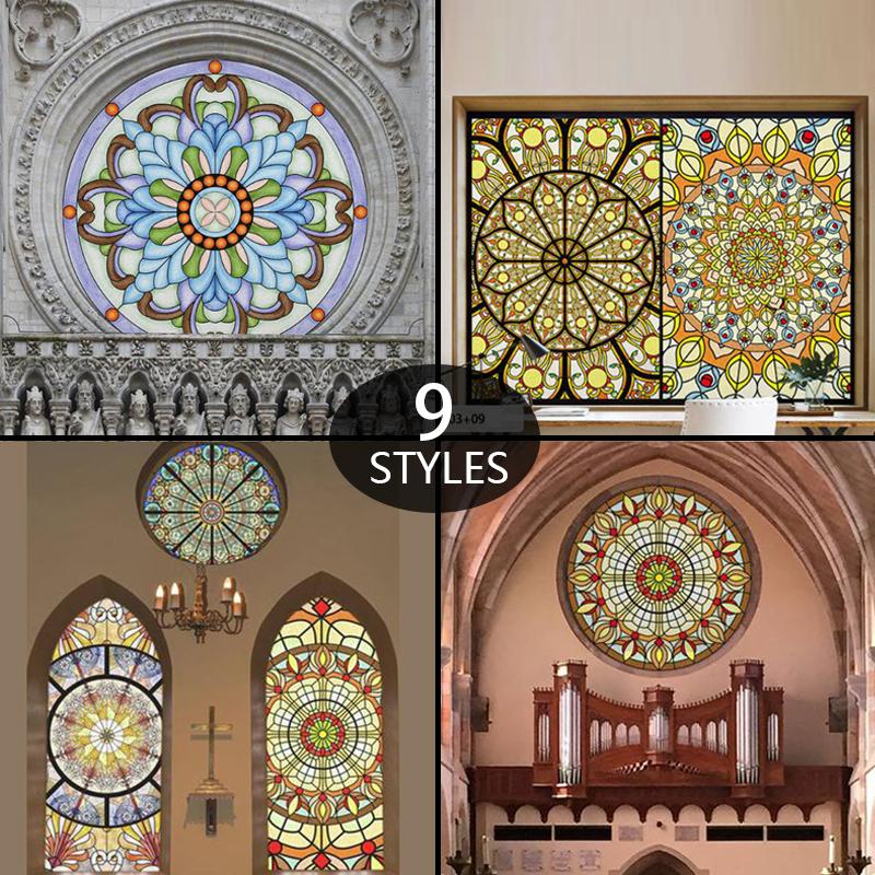 50x90cm Retro European Church Art Glass Film Witraż Okno Nieprzezroczyste Naklejki Statyczne Przylegające Okno Folia Prywatności Dekoracja Domu
