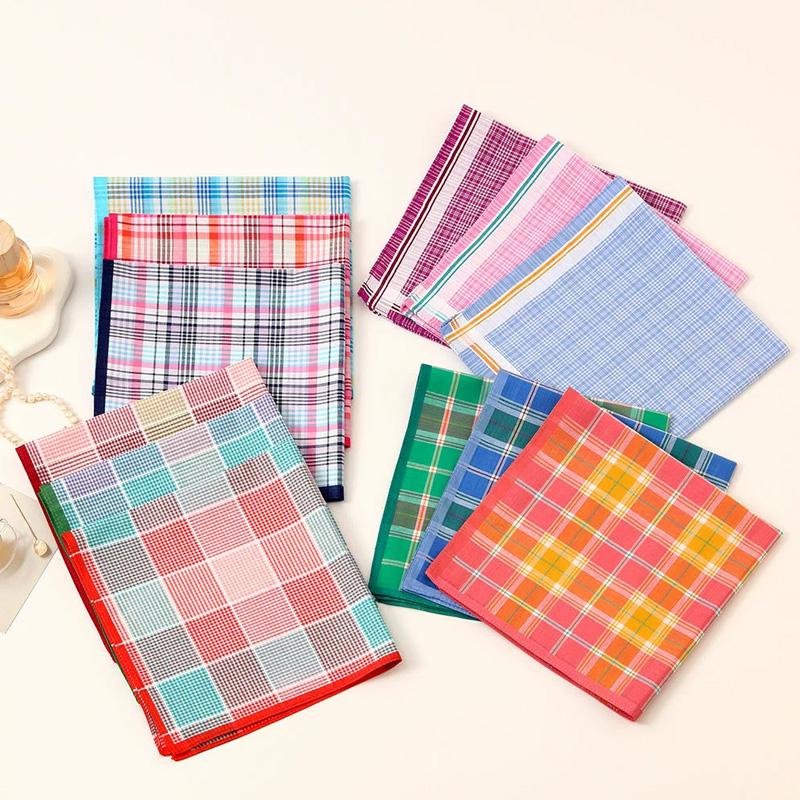 3Pcs Handkerchief Thin Pure Cotton Water-Absorbent Plaid Handkerchief Sweat-wiping Color Mixing 3Pcs