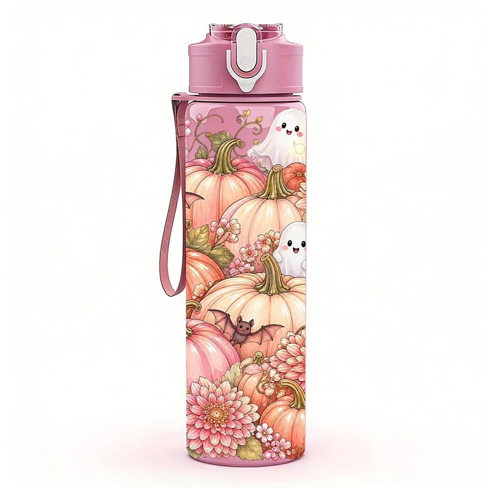 1PC Autumn Pumpkin Floral Wreath Pattern 750ml Color Plastic Sports Water Bottle Leakproof Flip Straw Lid Suitable for Sports Office Home Use