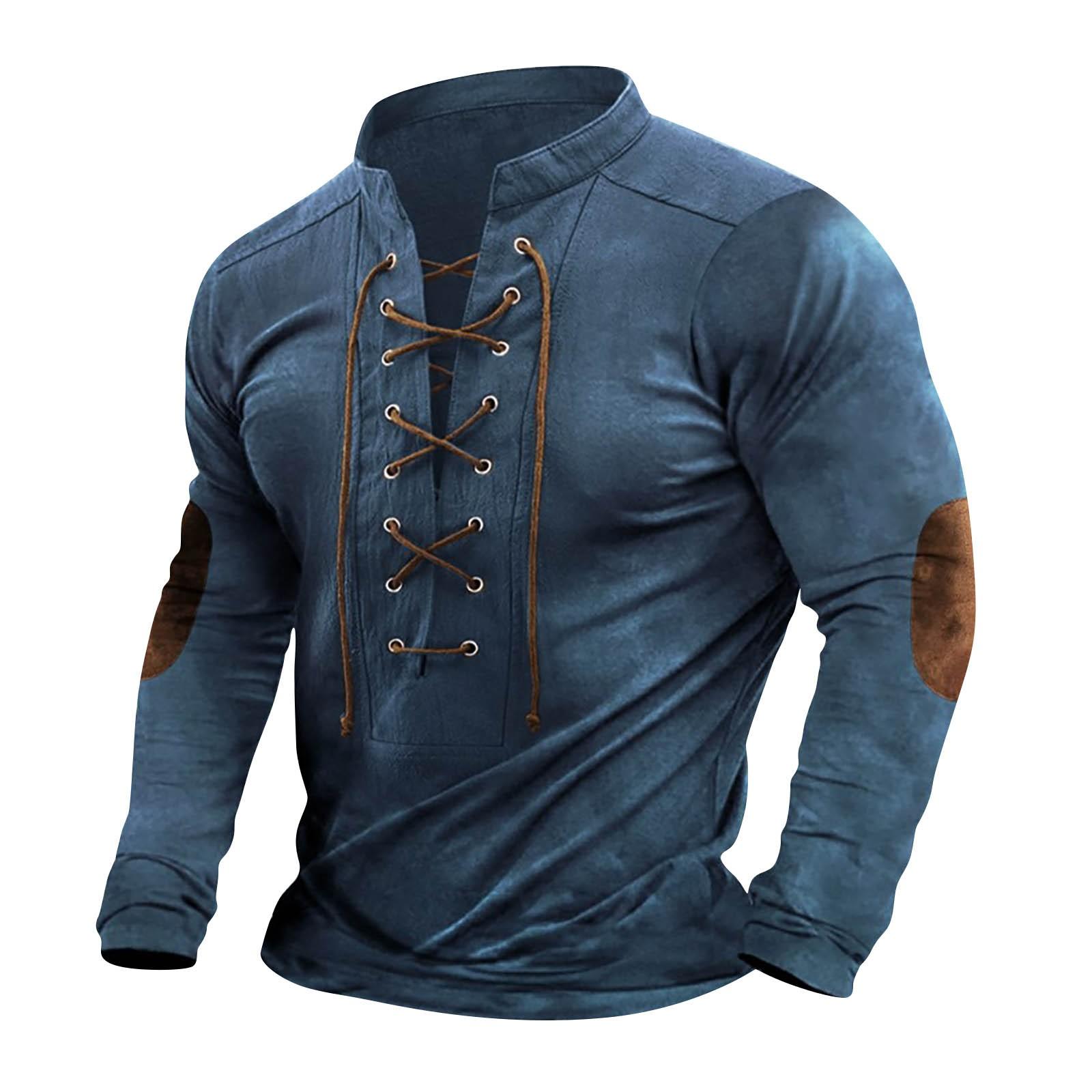 

Men s Vintage Outdoor Sports Long Sleeve Top Lace-Up Stand Collar Shirt M