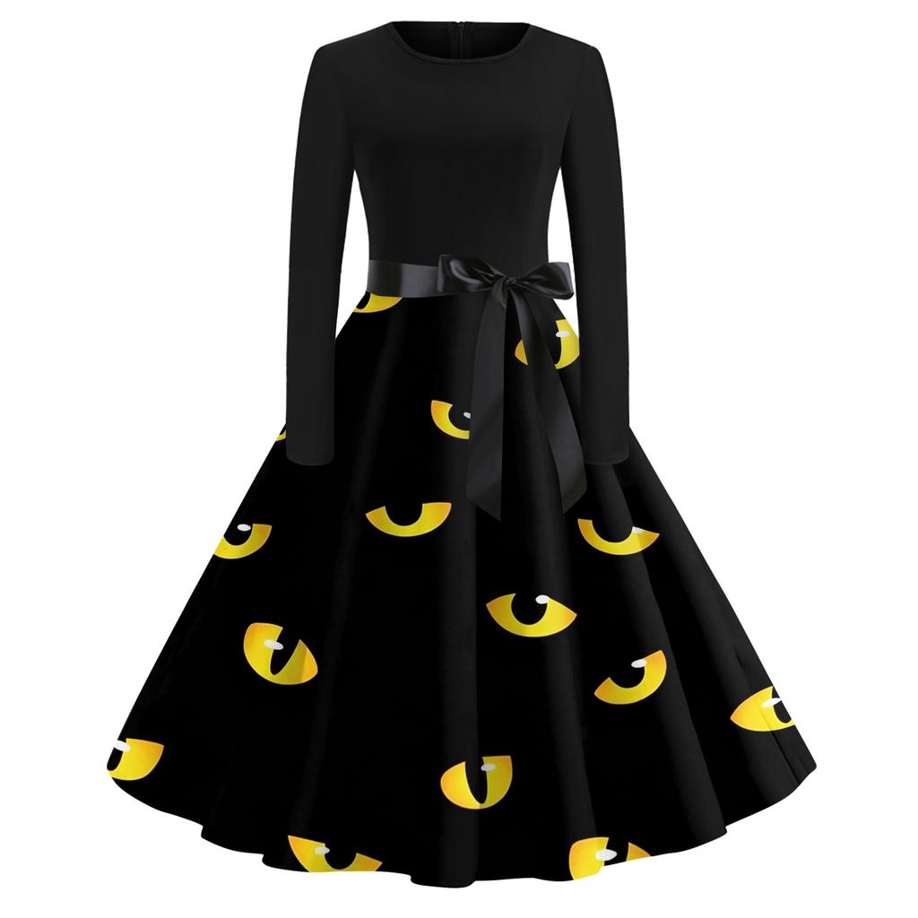Women's Casual Retro Halloween Dress Long Sleeve Round Neck Vintage Fit and Flare Dress with Bat Print and Waist Tie Belt for Everyday Wear