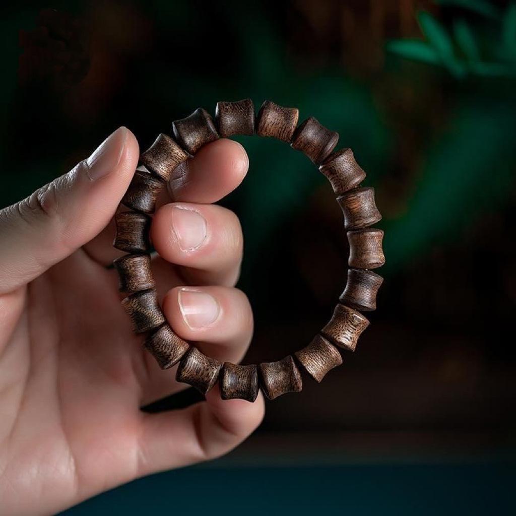 Natural Agarwood Bamboo-section Submersible-grade Bracelet, Hui'an Yellow Soil Qi Nan Agarwood, "rise Steadily" Cultural Artifact, Old Material