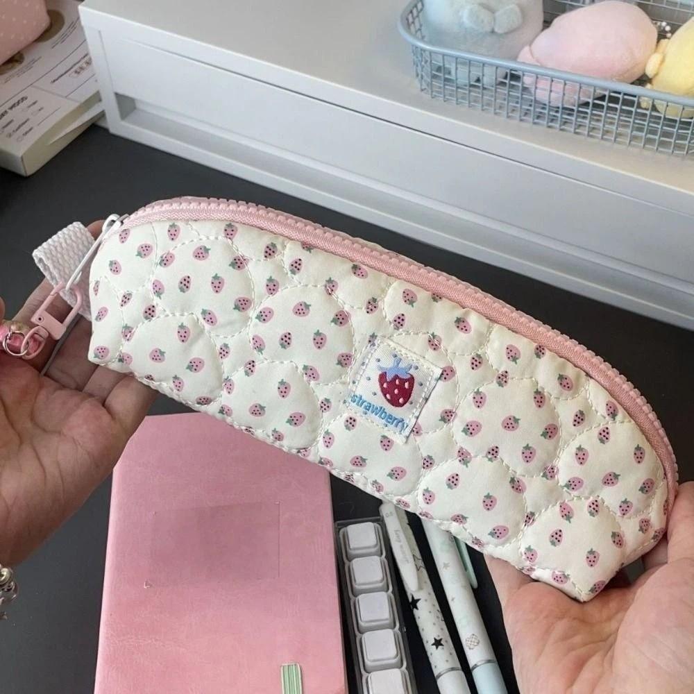 Pink Strawberry Print Stationery Bag with Strawberry Pendant Cosmetic Storage Bag Students Gift