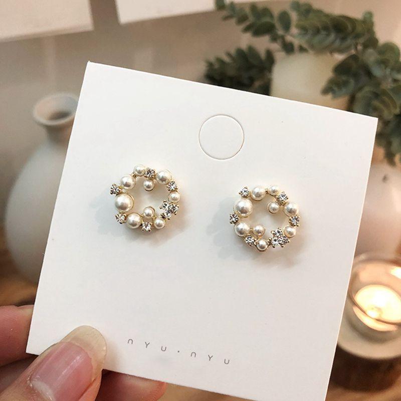 Korean New Colorful Rhinestone Wreath Stud Earrings Sweet Flower Crystal Pearl Brincos Women Party Birthday Jewelry Gift