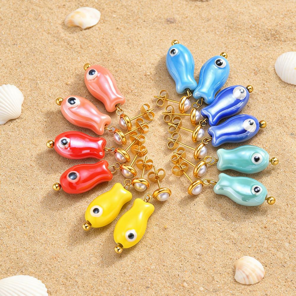 Stainless Steel Earrings Colorful Ocean Ceramic Fish Drop Dangle Earrings for Women Summer Beach Holiday Handmade Jewelry Gift