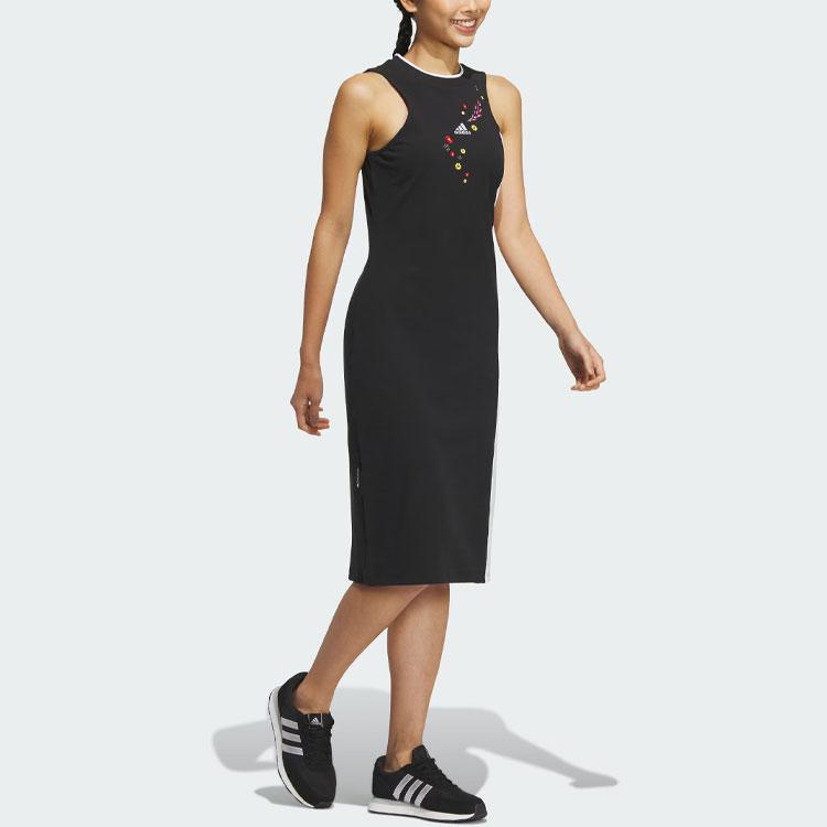 Adidas X Shuting Qiu Květinová výšivka Color Block Slim Fit Midi Rovné šaty Bez rukávů Dámské šaty Černá Bílá IM8442
