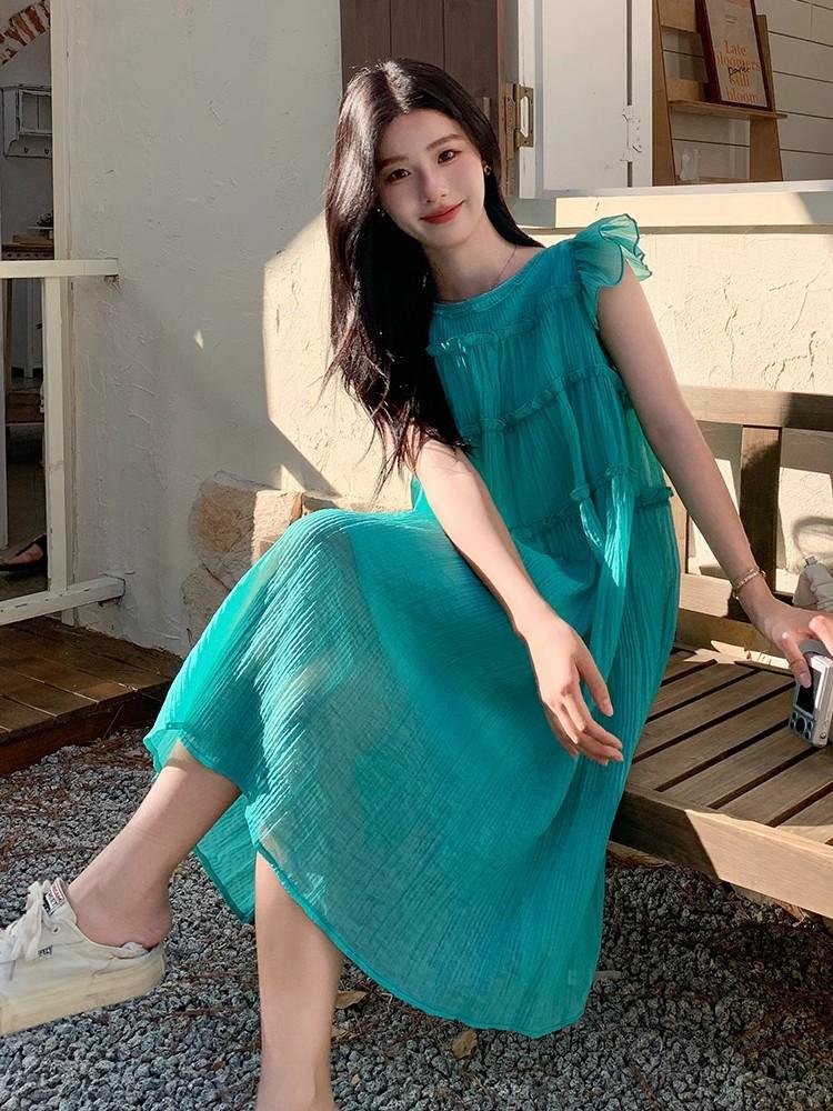 Coffee Break French Blue Small Flying Sleeve Dress Women's Summer Sense Dopamine Seaside Resort Beach Long Skirt