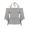 European and American Women's Clothing Guzao Sexy Wooden Bead Halterneck off-Shoulder Batwing Sleeve Tops Retro Waist-Controlled Slim Looking T-shirt