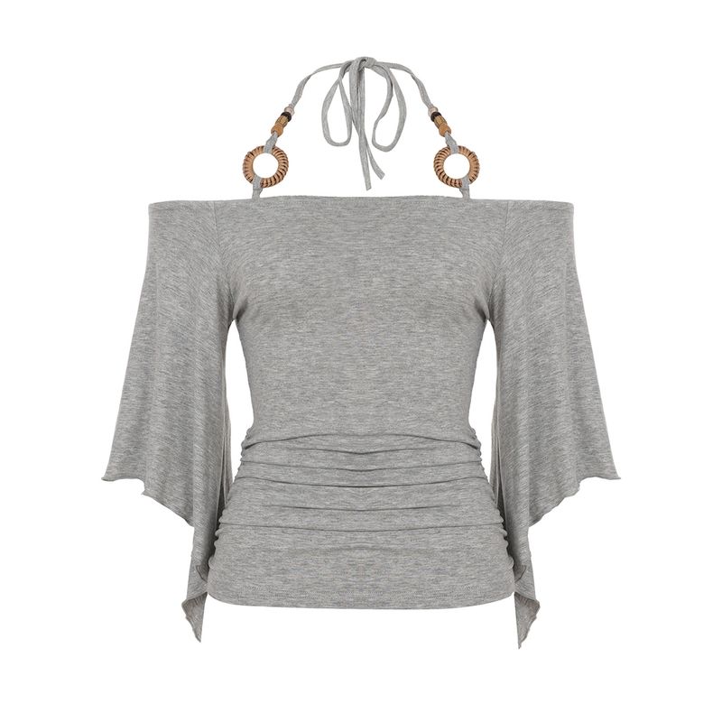 European and American Women's Clothing Guzao Sexy Wooden Bead Halterneck off-Shoulder Batwing Sleeve Tops Retro Waist-Controlled Slim Looking T-shirt