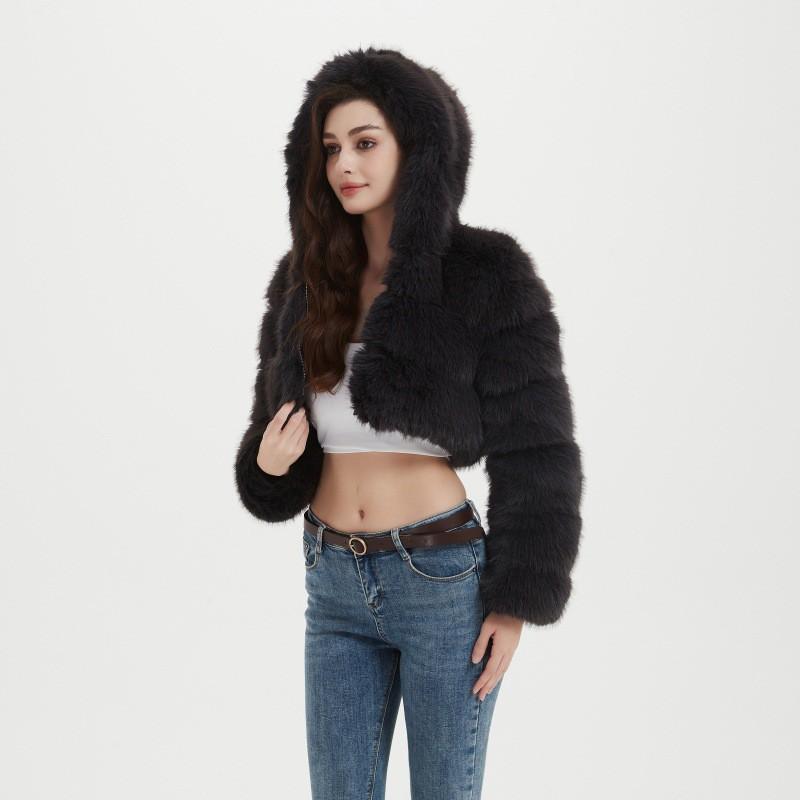 2026 Fall Winter Faux Fur Jacket Women Short Hooded Patchwork Coat Streetwear