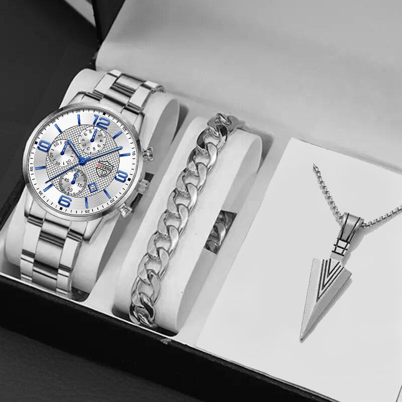 

3 шт./комплект, мужские модные кварцевые часы с календарем, спортивные мужские наручные часы из нержавеющей стали, браслет и ожерелье