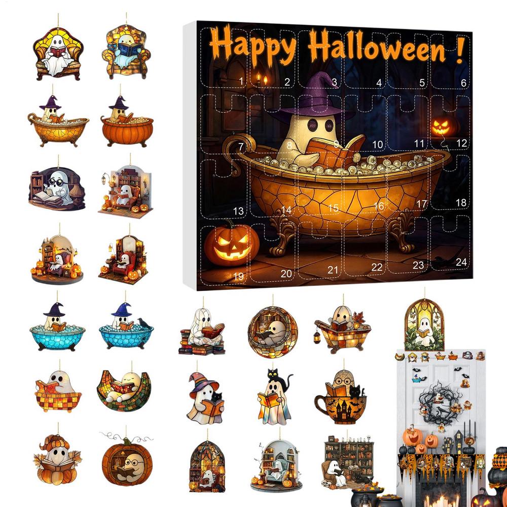 Ghost Countdown Calendar 2025 24 Days 2D Acrylic Reading Ghost Ornament Advent 2025 Spooky Charm For Kids Bookshelf Wall Window