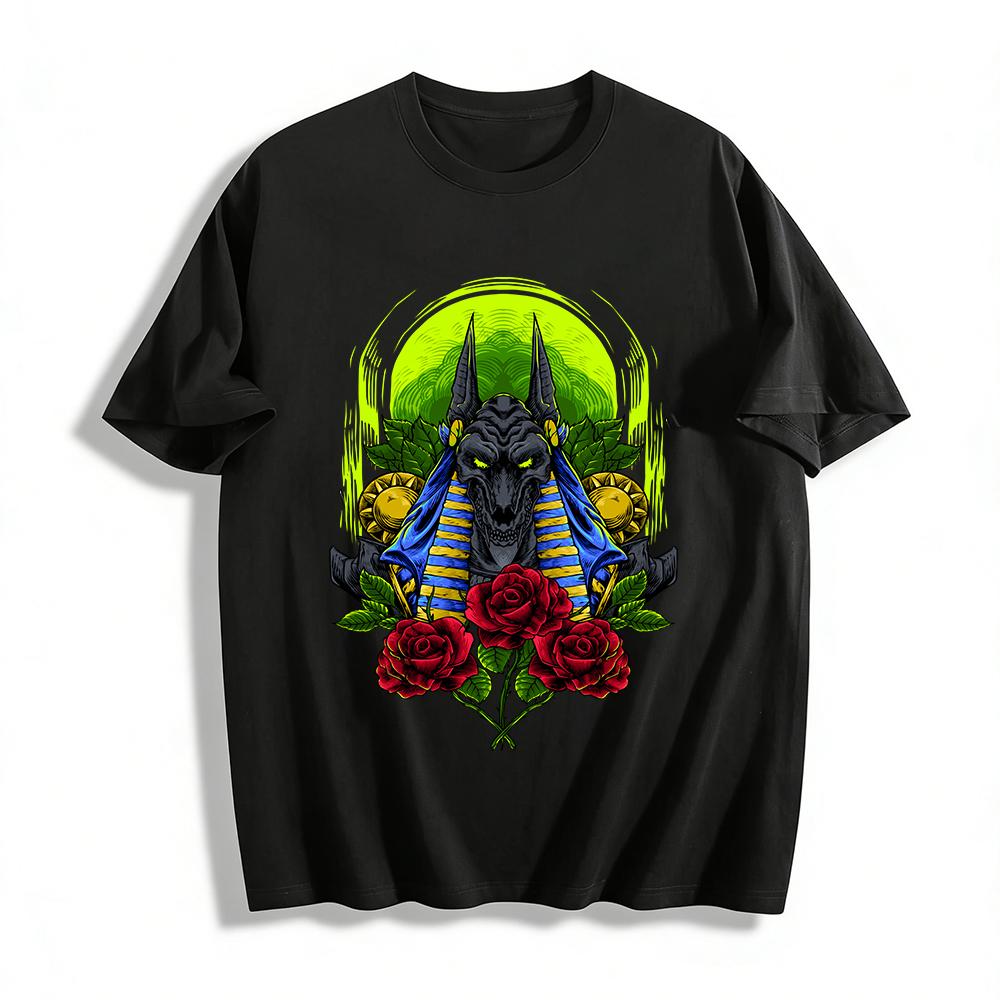 Vintage Anubis Rose Print Casual T-Shirt Unisex Trendy Top Pure cotton T-shirt XXS