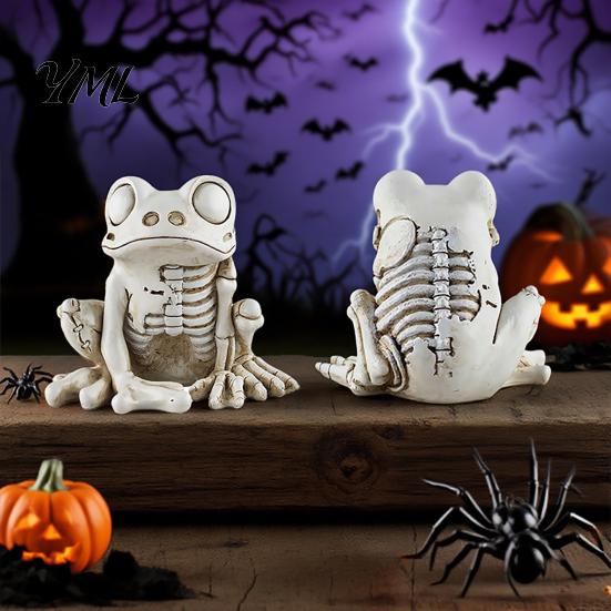 Distressed Retro Style Statues Halloween Skeleton Frog Figurine, Resin Animal Bone Statue for Bar Haunted Realistic Decor House, Spooky Gothic