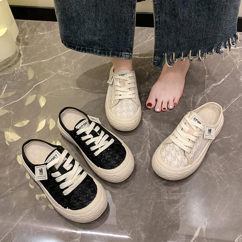 Baotou Half Slippers Women's New Spring and Summer Outer Wear Old Beijing Cloth Shoes Without Heels Women's Cloth Drag Casual One Pedal