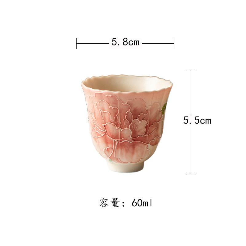 

60ml Relief Hand-painted Peony Teacup Retro Tea Bowl Water Jug Tea-tasting Smelling Cup Jianzhan Master Cups For Tea Decoration As Your Choose