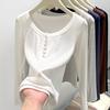 Women Long Sleeve Round Neck Slim Fit Button Casual Base T Shirt