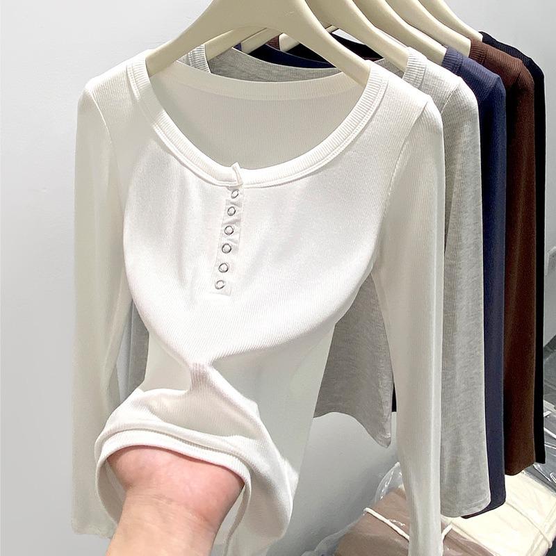 Women Long Sleeve Round Neck Slim Fit Button Casual Base T Shirt