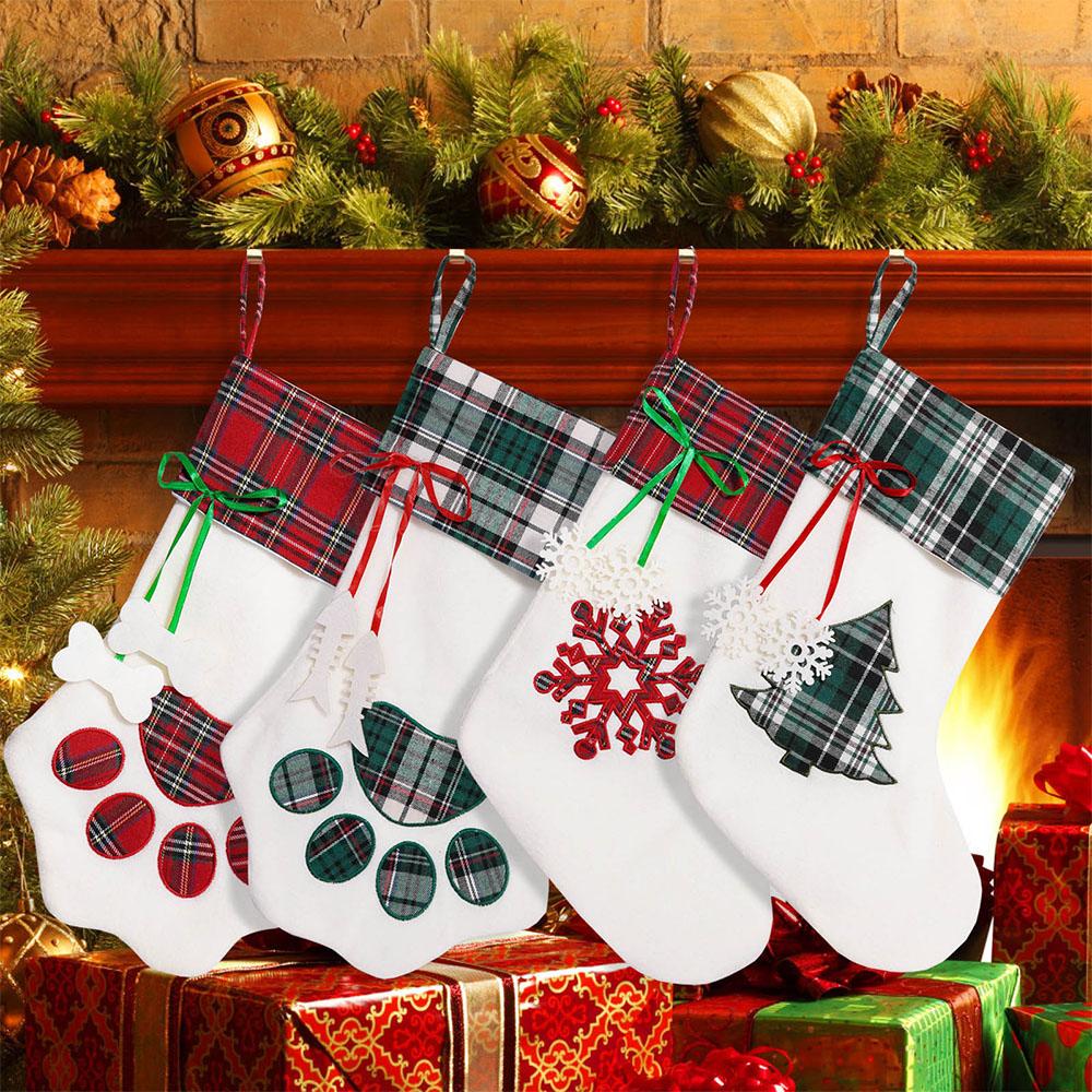 Green Plaid Dog Paw Christmas Stockings Red Gingham Snowflake Plush Pet Christmas Gift Bags For Xmas Party House Tree Decoration