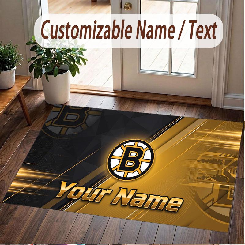 Benutzerdefinierter Teppich Boston Bruins Muster Druck Name Text Weicher Rutschfester Bodenbelag für Heim-Innenraumdekoration