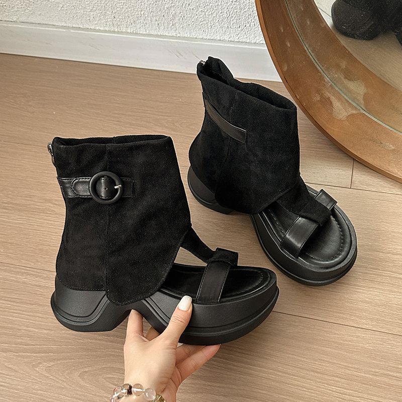 Retro thick-soled heightening trouser boots women's cool boots summer fashion casual herringbone sandals open-toed sandals short boots