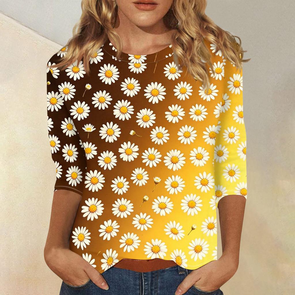 Women Casual Floral Print Three Quarter Sleeve Round Neck Shirt Lightweight Comfortable Top for Everyday Wear