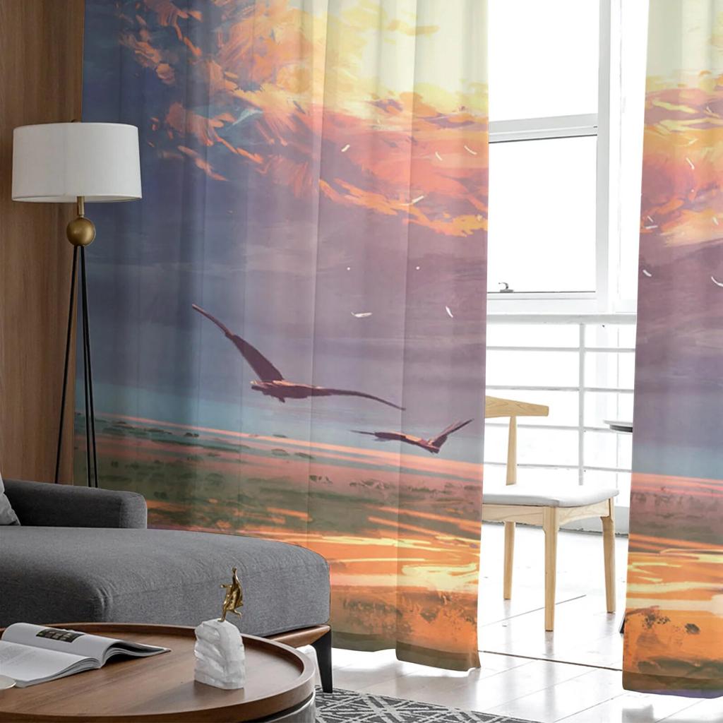 Cloud Painting Bird Sky Modern Printed Tulle Curtains for Bedroom Balcony Window Decor Creative Fashion Home Sheer Curtain