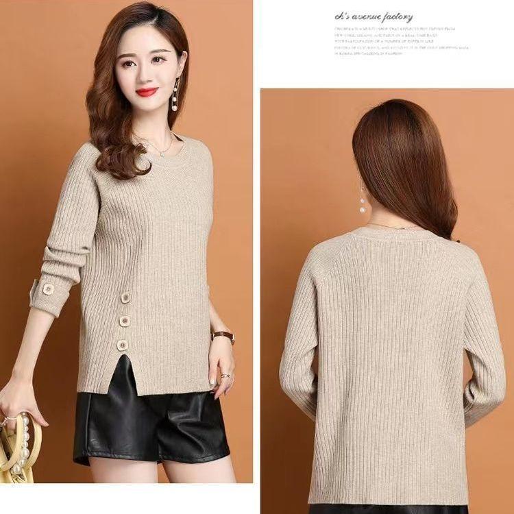 Fall/Winter Women's Crewneck Sweater Loose Slit Knitwear Pullover Solid Color Stretch Knit Top