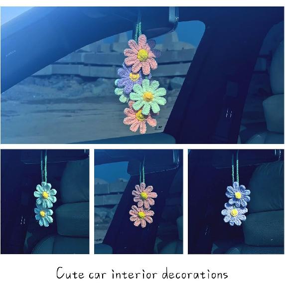 Cute Crochet Daisy Car Hanging Ornament, Handmade Knitted Flower Rear View Mirror Charm for Women, Aesthetic Car Accessories for a Cheerful and Cozy