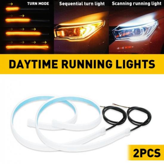 2x 60cm LED Switchback DRL Tube Light Strip Amber Sequential Flow Turn Signal US
