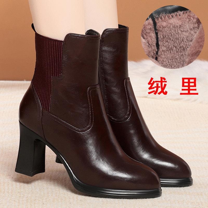 Женские короткие ботильоны на высоком каблуке, бархатные кожаные туфли, мягкая кожа, толстый каблук, материнские хлопковые туфли, универсальные подиумные ботинки 40