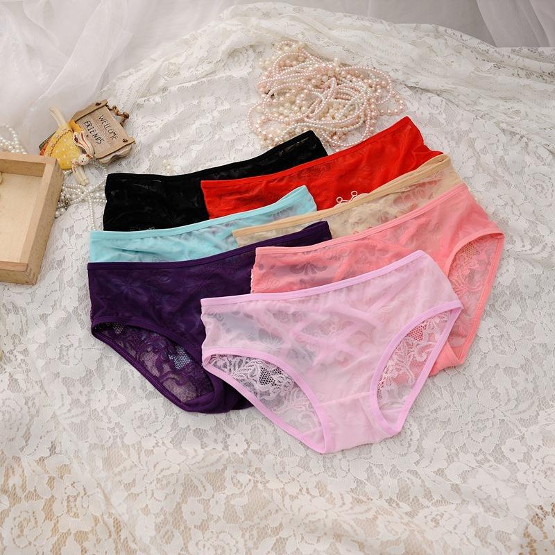 Ladies Spring and Summer Sexy Lace Bow Splicing Mesh Cross Hollow Low Waist Pure Cotton Crotch Underwear