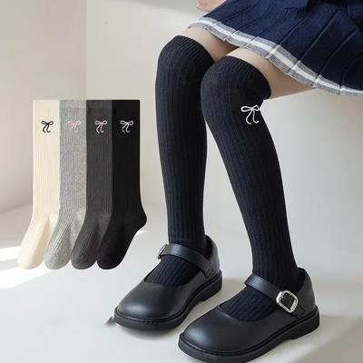 1 Pair Sweet Fashion Knee High Sock for Kids Girl Solid Color Embroidery Bow Leggings Stockings Sock Spring Autumn Cotton Sock