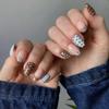 24PCS Retro Brown French Stick On Nails with Glue Ins Blue Polka Dots Fake Nails for Women Girls Simple Almond Sweet Nails Art